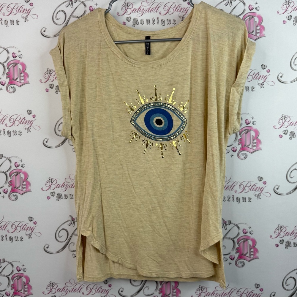 Edista Los Angeles T-shirt Evil eye 👁️ Stylish Beige Eye Graphic Tee blue gold